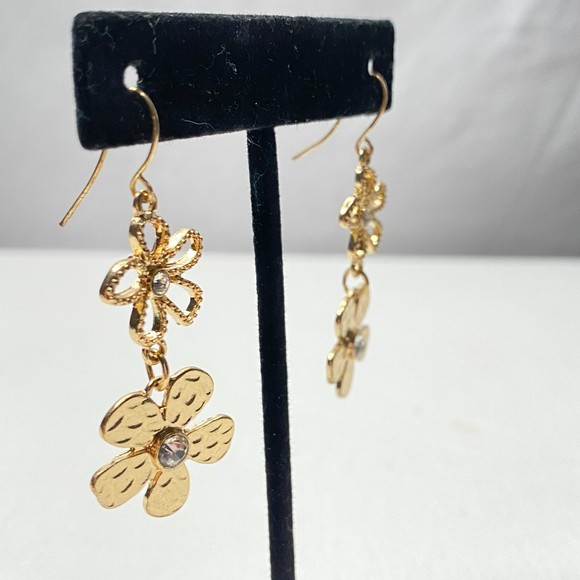 Dangle Drop Pierced Hook Earrings Gold Tone And Rhinestone Flower Tower - Picture 5 of 8